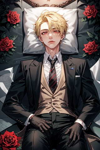(Tall young handsome man, blonde, red eyes,  glowing eyes, levi ackerman hairstyle,) solo, shirt, black hair, gloves, long sleeves, closed mouth, jacket, white shirt, flower, male focus, cowboy shot, lying, necktie, striped, collared shirt, pants, black gloves, on back, vest, black jacket, rose, black pants, formal, suit, red flower, facing viewer, red rose, striped necktie, blonde hair