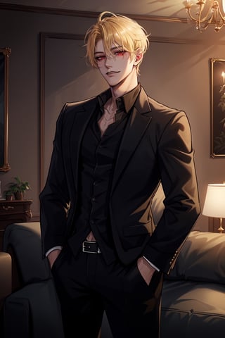  (man, young, tall, handsome, blonde, red eyes, glowing eyes, levi ackerman hairstyle, sharp eyes,), sexy, looking_at_viewer,  livingroom, smug, black pants, black shirt, hands on pockets, black suit,  elegant, mafia, mafia boss, luxurious, rich, unbuttoned shirt, 