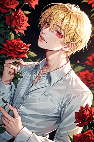 (Tall young handsome man, blonde hair, red eyes,  glowing eyes, levi ackerman hairstyle,) solo, looking at viewer, short hair, blonde hair, shirt, long sleeves, 1boy, holding, white shirt, upper body, flower, male focus, collared shirt, , blurry, dress shirt, rose, sunlight, red flower,  red rose, holding flower, 