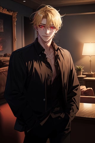 (man, tall, handsome, blonde, red eyes, glowing eyes, levi ackerman hairstyle, sharp eyes,), sexy, looking_at_viewer,  livingroom, smug, black pants, black shirt, hands on pockets, unbuttoned shirt