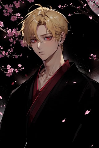 (masterpiece, best quality, highres:1.3), ( young handsome man, blonde hair, short hair, red eyes, glowing eyes, levi ackerman hairstyle,)  solo,  jewelry, male focus, earrings, japanese clothes, kimono, necklace, bracelet, petals, cherry blossoms, haori,  collarbone, black and red kimono