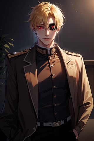  (man, young, tall, handsome, blonde, red eyes, glowing eyes, levi ackerman hairstyle, sharp eyes,), looking_at_viewer,  soldier, soldier clothes, eyepatch, serious 