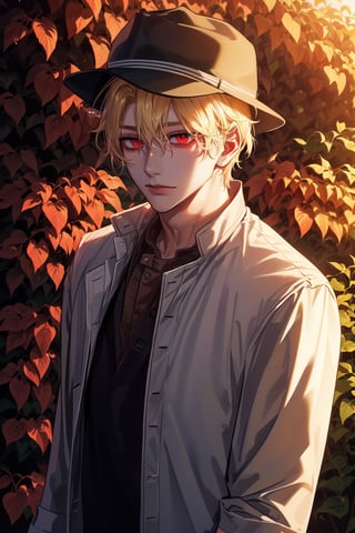  (man, young, tall, handsome, blonde, red eyes, glowing eyes, levi ackerman hairstyle, sharp eyes,), looking_at_viewer,  farm, farmer, farmer clothes, farmer hat, 