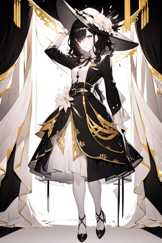 (Gray eyes, black hair, medium hair, wavy hair, small breasts, 1girl), dress decored with flowers, dress with belt, blazer, ribbons, fancy_hat, flowers in hair, hair_ornaments, black, black, white, gold,  full body,FlowerOverEye