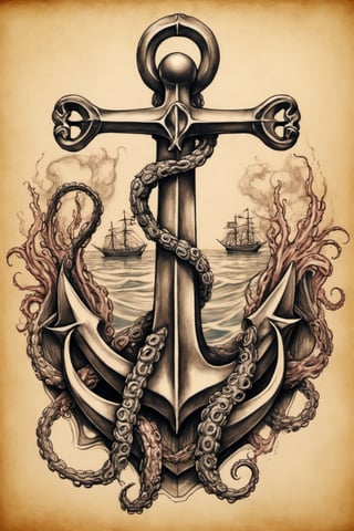 a drawing of an anchor with octopus tentacles, tattoo sketch of a sea, hyper - realistic tattoo sketch, tattoo sketch of a ocean, realism tattoo design, kraken, concept tattoo design, tattoo design, tattoo design sketch, nautical siren, 3 d design for tattoo, leviathan cross, the kraken, aaron horkey style, penned illustrations, realism tattoo drawing, realism tattoo sketch,more detail XL