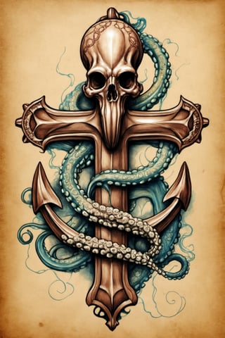 a drawing of an anchor with octopus tentacles, tattoo sketch of a sea, hyper - realistic tattoo sketch, tattoo sketch of a ocean, realism tattoo design, kraken, concept tattoo design, tattoo design, tattoo design sketch, nautical siren, 3 d design for tattoo, leviathan cross, the kraken, aaron horkey style, penned illustrations, realism tattoo drawing, realism tattoo sketch,more detail XL, white background