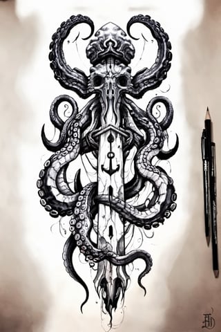 a drawing of an anchor with octopus tentacles, tattoo sketch of a sea, hyper - realistic tattoo sketch, tattoo sketch of a ocean, realism tattoo design, kraken, concept tattoo design, tattoo design, tattoo design sketch, nautical siren, 3 d design for tattoo, leviathan cross, the kraken, aaron horkey style, penned illustrations, realism tattoo drawing, realism tattoo sketch,more detail XL, white background,darktattoo
