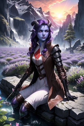 Beautiful tiefling woman, athletic, dark purple hair, blue skin, snowwhite eyes, blind eyes, blind, brown coat, fantasy, medium breasts, long twisted horns, armored adventurer outfit, leather gloves, white cloth, glowing, art by greg rutkowski, armor, sitting at a stone well, small stream, sunrise over mountains in the distance, outdoors, landscape, nature, lavender field, a field full of deep violet flowers, ((masterpiece, best quality)),tiefling