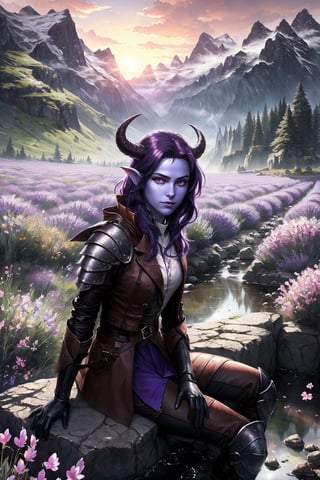 Beautiful tiefling woman, athletic, dark purple hair, blue skin, purple eyes, brown coat, fantasy, medium breasts, horns, armored adventurer outfit, leather gloves, white cloth, glowing, art by greg rutkowski, armor, sitting at a stone well, small stream, sunrise over mountains in the distance, outdoors, landscape, nature, lavender field, a field full of deep violet flowers, ((masterpiece, best quality)),tiefling