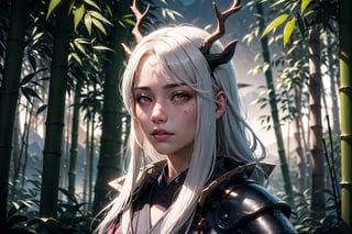 1girl, beautiful shedrn, antlers, wearing samurau armor, bright glowing pink eyes, long white hair, grey skin, facial mark, fantasy bamboo forest, asian mountains in backround, athletic, volumetric lighting, best quality, masterpiece, realistic