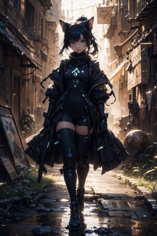 UPSCALED.(masterpiece, best quality, highres:1.3), gorgeous light and shadow, ultra hd, (unity 8k wallpaper),(illustration:0.8),((perfect hands, perfect anatomy)),HQ,HDR,UHD, dynamic,detailed background,finely detailed_body,full_body,1girl,ponytail bun,bangs,long_hair, (black hair color:1.2), (bright eyes:1.1),green eyes,hardcandy,Cat_ears,