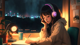 Japan🦌1girl, headphone, study table, window, rainy day, flat design, low light, neon light reflation
