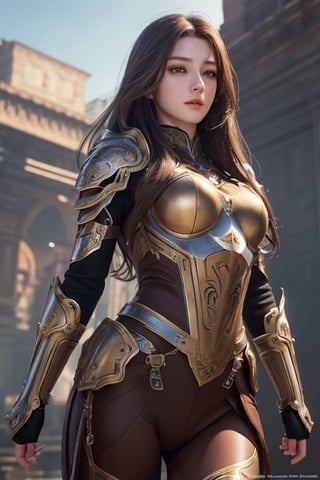 photorealistic, masterpiece, best quality, raw photo, 1girl, solo, long hair, brown hair, detailed face, alluring face, mechanical Armor, medium breasts, dynamic pose, looking at viewer, from below, detailed background, fine detailed, intricate detail, ray tracing, depth of field, hdr