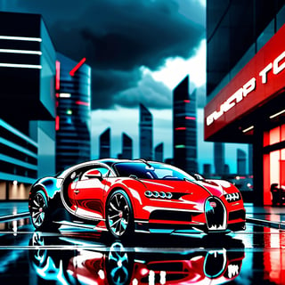 Create a highly realistic image of a Bugatti Chiron in dazzling red and black colors. The car should be the focal point of the image, positioned slightly off-center and facing diagonally towards the right side of the frame. The car's exterior should exhibit fine details, with the metallic white body reflecting the surrounding environment. The red accents on the car, including the racing stripes and logo, should be vibrant and eye-catching.

Place the Bugatti Chiron within a cyber city setting, surrounded by futuristic buildings that soar into the sky. The buildings should have sleek and innovative designs, featuring smooth surfaces, angular architecture, and illuminated windows that emit a soft glow. The cyber cityscape should extend into the background, with several buildings gradually fading into the blurred distance.

The sky above the cyber city should be dark and dramatic, with ominous clouds swirling in shades of gray and deep blue. A sense of impending thunderstorm should be conveyed through the sky's atmosphere, making the viewer feel the electricity in the air. The lighting in the image should be dynamic, with subtle highlights on the car's body and glossy reflections that mirror the surroundings.

Ensure that the car is placed in the foreground, with a slight motion blur added to the wheels and surroundings to convey a sense of speed and dynamism. The reflections on the car's glossy surface should accurately depict the futuristic cityscape and thundering sky, adding to the realism of the image.

Overall, the image should capture the essence of a Bugatti Chiron driving through a cyber city on a stormy day, blending the sleek and powerful aesthetics of the car with the urban futurism of the surroundings. The attention to detail and realistic lighting should create an immersive visual experience for the viewer.