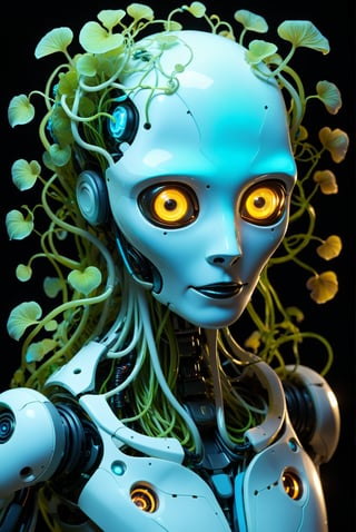 A robot head seamlessly integrated with a tangle of bioluminescent vines and glowing fungi.  These organic elements appear to power and enhance the robot's functionalities.