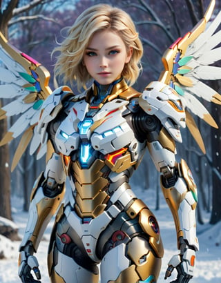 4K resalotion , (masterpiece),((   women wearing  mecha winter armour), ((winter background )),(a Mecha Angel ),full body,,viewed_from_front  ,  perfect face , ((vibrent rainbow coloured  mecha wings )),, beautiful vibrent wings,( light armour),sci-fi background ,short blonde hair  ,facing the viewer ,  (beautiful,   ), , heavy epic golden armour ,(perfect face)  ,full body ,,  wearing  ,  , mecha     armour   ,    ,vibrant colours  , realistic animi girl ,more detail XL  ,