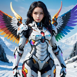 4K resalotion , (masterpiece),((   women wearing  mecha winter armour), ((winter background )),(a Mecha Angel ),full body,,viewed_from_front  ,  perfect face , ((vibrent rainbow coloured  mecha wings )),, ,sexy girl,( light armour),sci-fi background ,black hair  ,facing the viewer ,  (beautiful,   ), , heavy epic armour ,(perfect face)  ,full body ,,  wearing  ,  , mecha     armour   ,    ,vibrant colours  , realistic animi girl ,more detail XL  ,