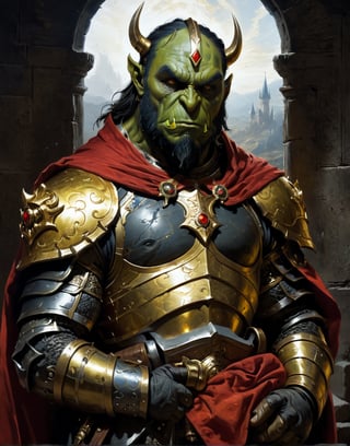 A close up painting of a   megestic   ork    wearing a golden   night's armour,inside a   castle  ,vibrent, ((ethernel armour )),musculer, biceps,((medivel dwarf))((in a highly detaild castle )),, wearing ethernel   armour,red cape,    ,close up potrait,  detaild background  ,  heavy detaild armour , epic, ethernel,  whismical atmosphere,highly detaild,  intricate details, concept art,in the style of nicola samori,   epic sense, ((concept art ))