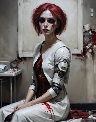 A close up painting of a   creepy   woman  in a ruind hospital, ((detaild hospital room background, ceramic titled walls )),sitting, hospital bed, garbage on the floor,wearing a hole in the chest,(( wearing dirty white hospital gown)),armour,inside a creepy hospital, rusy and creepy hospital room,, red halo around the head,((she is looking down at the ground )),,close up potrait,  detaild background , horror, ,    armour ,ruined hospital, titled,,,((she has a highly detaild large mecha hole in the middle of the chest With mechanical parts inside)),   detaild background   ,,  Gothic atmosphere,highly detaild,  intricate details, concept art,in the style of nicola samori,   epic sense, ((concept art ))