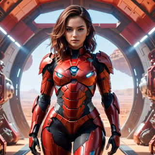 4K resalotion , (masterpiece),((   women wearing  mecha   armour), ((beautiful sci-fi mars indoor background ))  , full body,,viewed_from_front  ,beautiful futeristic background,perfect face ,sci-fi background ,       ,facing the viewer ,  (beautiful,   ), , wearing heavy epic red armour ,(perfect face)  ,full body ,,       ,vibrant colours  , realistic animi girl ,more detail XL  ,