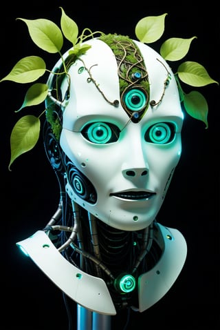 A colossal robot head adorned with ancient scrolls and glyphs. and the robot head is also integrated with a tangle of bioluminescent vines and glowing fungi.  These organic elements appear to power and enhance the robot's functionalities.it  has a tactical mask. The mask is constructed from a dark, matte composite material with a sleek, angular design. ,Glowing green orbs embedded within its face scan and analyze the environment,  preserving information for future generations.