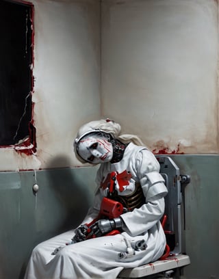 A close up painting of a   creepy   woman  in a ruind hospital, ((detaild hospital room background, ceramic titled walls )),sitting, hospital bed, garbage on the floor,wearing a hole in the chest,(( wearing dirty white hospital gown)),armour,inside a creepy hospital, rusy and creepy hospital room,, red halo around the head,((she is looking down at the ground )),,close up potrait,  detaild background , horror, ,    armour ,ruined hospital, titled,,,((she has a highly detaild large mecha hole in the middle of the chest With mechanical parts inside)),   detaild background   ,,  Gothic atmosphere,highly detaild,  intricate details, concept art,in the style of nicola samori,   epic sense, ((concept art ))