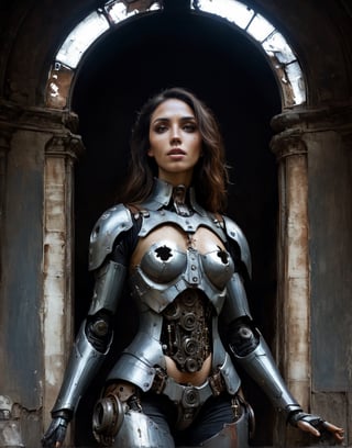 A close up painting of a   creepy   woman   with a hole in the chest, wearing rusty broken mecha armour,inside a decrepit church ,close up potrait,  detaild background , horror, ,  steampunk armour ,ruined church,,((she has a highly detaild large mecha hole in the middle of the chest With mechanical parts inside)),   detaild background church ,,  Gothic atmosphere,highly detaild,  intricate details, concept art,in the style of nicola samori,   epic sense, ((concept art ))