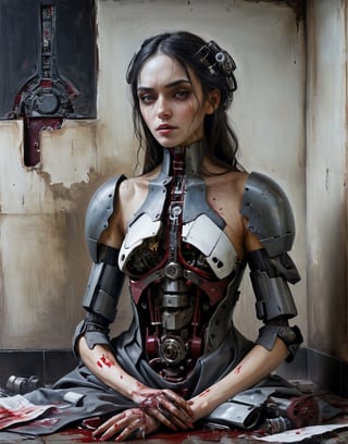 A close up painting of a   creepy   woman   in a ruined hospital, has a mecha in the chest, wearing  dirty hospital gown,, highly detaild hospital background, medical instruments on the table, wall tiles inside a  , blood on the floor, dirty floor,, ((she is looking down at the ground )),,close up potrait,  detaild background , horror, ,   ,,((she has a highly detaild large mecha hole in the middle of the chest With mechanical parts inside)),    ,,  Gothic atmosphere,highly detaild,  intricate details, concept art,in the style of nicola samori,   epic sense, ((concept art ))