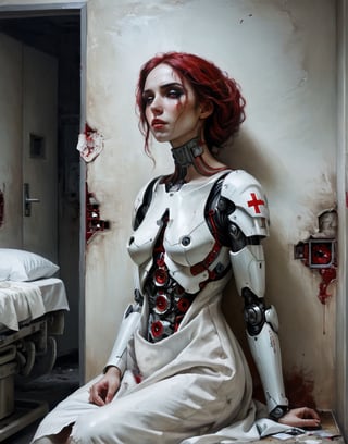 A close up painting of a   creepy   woman  in a ruind hospital, ((detaild hospital room background, ceramic titled walls )),sitting, hospital bed, garbage on the floor,wearing a hole in the chest,(( wearing dirty white hospital gown)),armour,inside a creepy hospital, rusy and creepy hospital room,, red halo around the head,((she is looking down at the ground )),,close up potrait,  detaild background , horror, ,    armour ,ruined hospital, titled,,,((she has a highly detaild large mecha hole in the middle of the chest With mechanical parts inside)),   detaild background   ,,  Gothic atmosphere,highly detaild,  intricate details, concept art,in the style of nicola samori,   epic sense, ((concept art ))