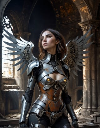 A close up painting of a   creepy   woman   with a hole in the chest, wearing rusty broken mecha armour,inside a decrepit church, she has broken silver wings, ((she is looking down at the ground )),,close up potrait,  detaild background , horror, ,  steampunk armour ,ruined church,,((she has a highly detaild large mecha hole in the middle of the chest With mechanical parts inside)),   detaild background church ,,  Gothic atmosphere,highly detaild,  intricate details, concept art,in the style of nicola samori,   epic sense, ((concept art ))