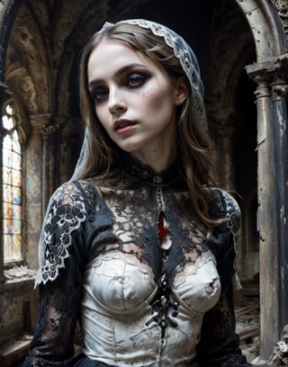A close up painting of a  beautiful ghost woman   in a decrepit church, close up potrait,crrepy women, horror, ,chromatic black and white lace blouse, ruined church,,((she has a highly detaild,a hole in the middle of the chest With mechanical parts inside)), creepy women , highly detaild  ,impressionist, detaild background,,  Gothic atmosphere,highly detaild,  intricate details, concept art,in the style of nicola samori,  