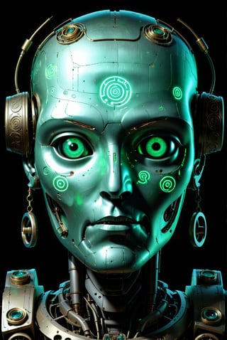A colossal robot head adorned with ancient scrolls and glyphs. Its metallic surface seems to hold countless stories and forgotten knowledge. Glowing green orbs embedded within its face scan and analyze the environment,  preserving information for future generations.