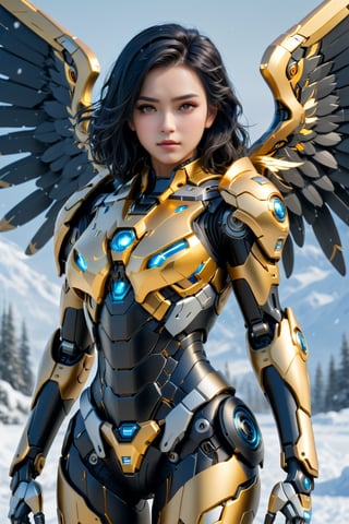 4K resalotion , (masterpiece),((   women wearing  mecha winter armour), ((winter background )),(a Mecha Angel ),full body,,viewed_from_front  ,  perfect face , ((golden mecha wings )),, ,  ( black armour),sci-fi background ,black hair  ,facing the viewer ,  (beautiful  ), , heavy epic armour ,  ,  (a Bear in background ), ,     ,perfect face,   ,full body ,,  wearing  ,  , mecha     armour   ,    ,vibrant colours  , realistic animi girl ,more detail XL  ,