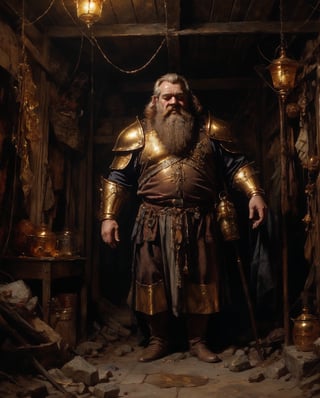 , ultra high resolution, 8k, masterpiece UHD, unparalleled masterpiece, ultra realistic 8K, 
Atmospheric perspective. Full body shot, a close up, a dwarf in dimly lit gold mine. Rugged leather armor, polished with a golden sheen, covers his broad frame., wrinkled skin,, A heavy pickaxe rests on his shoulders,   A wide grin splits his face, , revealing a chipped tooth ,dwarfs thick beard, sprinkled with gold dust, reaches his chest, The cavern walls are rough-hewn rock, glistening with moisture and the faint sheen of gold dust. Veins of glittering gold snake through the rock, ,. Scattered piles of gold nuggets and shimmering gemstones litter the floor, a testament to dwarfs tireless labor. In the distance, dwarven lanterns cast a warm glow,,

intricate details, concept art,in the style of nicola samori,
