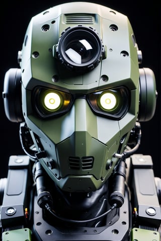 A close-up portrait of a military robot head with a tactical mask. The mask is constructed from a dark, matte composite material with a sleek, angular design. Integrated night vision goggles obscure the eye sockets,