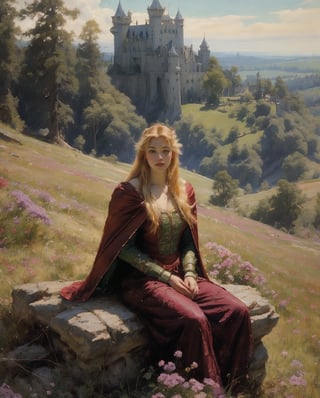 , ultra high resolution, 8k, masterpiece UHD, unparalleled masterpiece, ultra realistic 8K, 
Atmospheric perspective. Full body shot, a close up, beautiful medivel princes,extremely beautiful,blonde,  red furry cape, megestic blonde ,straight long hair,Rapunzel ,,in a beautiful grass meadow,with (many wild flowers ),a ruined castle in background , snowy mountain peakes visible in distance,sitting ,, highly detaild,,  , detaild background,,  highly detaild ruind castle background,plants,beautiful and coulerful flowers,  , intricate details, concept art,in the style of nicola samori,