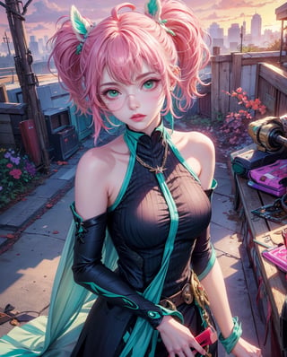 A moody, high-contrast scene: a 16-year-old girl with vibrant multicolor hair featuring pink and green streaks, styled in twin tails with ahoge framing her face. She wears a dark-hued halter dress with detached sleeves, showcasing bare shoulders and sagging breasts. Her bright green eyes sparkle under sharp, natural lighting. Mechanical ears and round glasses add a touch of tech-savviness. Soft makeup accents her features, including subtle eyeliner, eye shadow, and glowing lips. In the background, muted tones evoke a sense of mystery, as if the scene is bathed in a soothing twilight glow.
