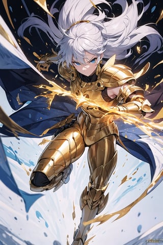 absurdres, highres, ultra detailed,Insane detail in face,  (boy:1.3), Gold Saint, Saint Seiya Style, paint splatter, expressive drips, random patterns, energetic movement, bold colors, dynamic texture, spontaneous creativity, Gold Armor, Full body armor, no helmet, Zodiac Knights, White long cape, white hair, Fighting pose,Pokemon Gotcha Style, gold gloves, long hair, floating