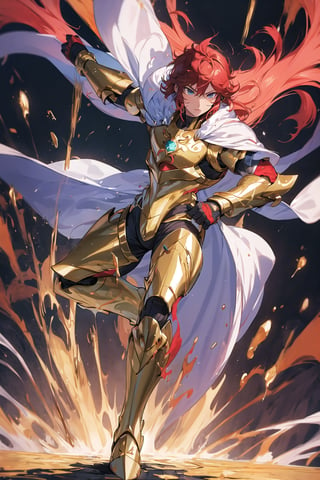 absurdres, highres, ultra detailed,Insane detail in face,  (boy:1.3), Gold Saint, Saint Seiya Style, paint splatter, expressive drips, random patterns, energetic movement, bold colors, dynamic texture, spontaneous creativity, Gold Armor, Full body armor, no helmet, Zodiac Knights, White long cape, red hair, Fighting pose,Pokemon Gotcha Style, gold gloves, long hair, white cape, messy_hair