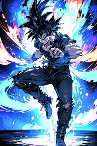 absurdres, highres, ultra detailed,Insane detail in face,  (boy:1.3), open Blue demin jacket, black t-shirt, high collar, sleeveless, (((ripped sleeves))) ((black jeans)), , beautiful island background, glowing ,son goku,ultrainstinct, yellow boots with black at the toes, fighting_stance
