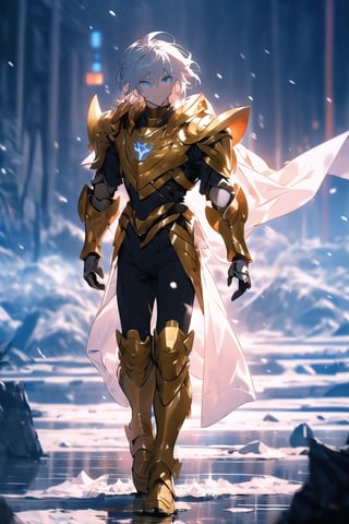 absurdres, highres, ultra detailed,Insane detail in face,  (boy:1.3), Gold Saint, Saint Seiya Style, Gold Armor, Full body armor, no helmet, Zodiac Knights, (((White long cape))), Grey hair,  standing still,Pokemon Gotcha Style, gold gloves, long hair, white cape, messy_hair,   light_blue_eyes, black pants under armor, ((full body armor)), beautiful fields big mountains in the background, beautiful fields, falling_snow, winter time,midjourney,FUJI
