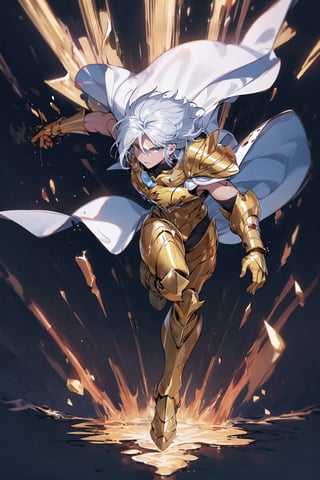 absurdres, highres, ultra detailed,Insane detail in face,  (boy:1.3), Gold Saint, Saint Seiya Style, paint splatter, expressive drips, random patterns, energetic movement, bold colors, dynamic texture, spontaneous creativity, Gold Armor, Full body armor, no helmet, Zodiac Knights, White long cape, white hair, Fighting pose,Pokemon Gotcha Style, gold gloves, long hair, white cape