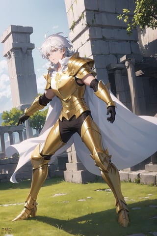 absurdres, highres, ultra detailed,Insane detail in face,  (boy:1.3), Gold Saint, Saint Seiya Style, Gold Armor, Full body armor, no helmet, Zodiac Knights, White long cape, white hair,  fighting pose,Pokemon Gotcha Style, gold gloves, long hair, white cape, messy_hair,  Gold eyes, black pants under armor, full body armor, beautiful old greek temple in the background, beautiful fields, full leg armor,