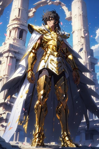 absurdres, highres, ultra detailed,Insane detail in face,  (boy:1.3), Gold Saint, Saint Seiya Style, (((Gold Armor))), Full body armor, no helmet, Zodiac Knights, (((white long cape))), black hair, Asian Fighting style pose,Pokemon Gotcha Style, gold gloves, long hair, long white cape, messy_hair, black eyes, black pants under armor, full body armor, beautiful old greek temple in the background, beautiful fields, full leg armor,FUJI,midjourney, battle_stance,