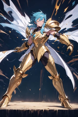 absurdres, highres, ultra detailed,Insane detail in face,  (boy:1.3), Gold Saint, Saint Seiya Style, paint splatter, expressive drips, random patterns, energetic movement, bold colors, dynamic texture, spontaneous creativity, Gold Armor, Full body armor, no helmet, Zodiac Knights, White long cape, blue hair, Fighting pose,Pokemon Gotcha Style, gold gloves, long hair, white cape, messy_hair,  closed eyes, 