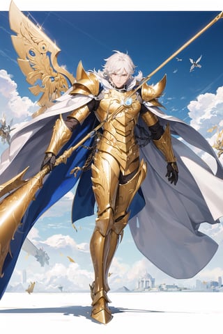 absurdres, highres, ultra detailed,Insane detail in face,  (boy:1.3), Gold Saint, Saint Seiya Style, Gold Armor, Full body armor, no helmet, Zodiac Knights, white hair,  fighting pose,Pokemon Gotcha Style, gold gloves, long hair, white cape, messy_hair,  Gold eyes, black pants under armor, full body armor, beautiful old greek temple in the background, beautiful fields, insane detail full leg armor, god aura, sagittarius armor, Elysium fields, grabbing cape with one hand