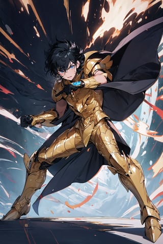 absurdres, highres, ultra detailed,Insane detail in face,  (boy:1.3), Gold Saint, Saint Seiya Style, paint splatter, expressive drips, random patterns, energetic movement, bold colors, dynamic texture, spontaneous creativity, Gold Armor, Full body armor, no helmet, Zodiac Knights, White long cape, Black hair, Fighting pose,Pokemon Gotcha Style, gold gloves