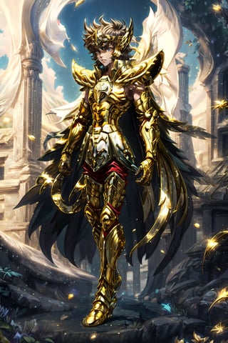 absurdres, highres, ultra detailed,Insane detail in face,  (boy:1.3), Gold Saint, Saint Seiya Style, Gold Armor, Full body armor, no helmet, Zodiac Knights, white long cape, brown hair, Asian Fighting style pose,Pokemon Gotcha Style, gold gloves, long hair, long white cape, messy_hair,  Gold eyes, black pants under armor, full body armor, beautiful old greek temple in the background, beautiful fields, full leg armor, ultrainstinct,FUJI,midjourney,creature00d