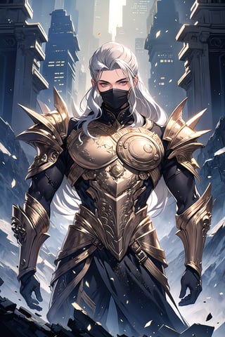 masterpiece, best quality, photorealistic, raw photo, (1boy, looking at viewer), ((extreme long hair)), mechanical gold armor, intricate armor, delicate gold filigree, intricate filigree, gold metalic parts, detailed part, dynamic pose, detailed background, dynamic lighting, Grey Hair, Grey eyes, black metalic facemask, beutiful city in the background, night time,fantasy00d, battle_stance
