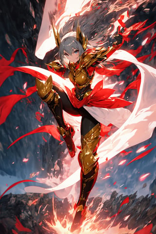 absurdres, highres, ultra detailed,Insane detail in face, (girl:1.3), Gold Saint, Saint Seiya Style, Gold Armor, Full body armor, no helmet, Zodiac Knights, grey hair, fighting pose,Pokemon Gotcha Style, gold gloves, long hair, white long cape, messy_hair, Gold eyes, black pants under armor, full body armor, beautiful old greek temple in the background, beautiful fields, insane detail full leg armor, god aura, sagittarius armor, Elysium fields, ready for battle,FUJI,midjourney, insane detail in armor, insane detail in face, ((extreme long hair)) beautiful female Nordic ShieldMaiden with grey hair,light pink eyes, dreadlocks, shaman necklaces, with red face paint, (high detailed skin: 1.2), 8K, UHD, DSLR,